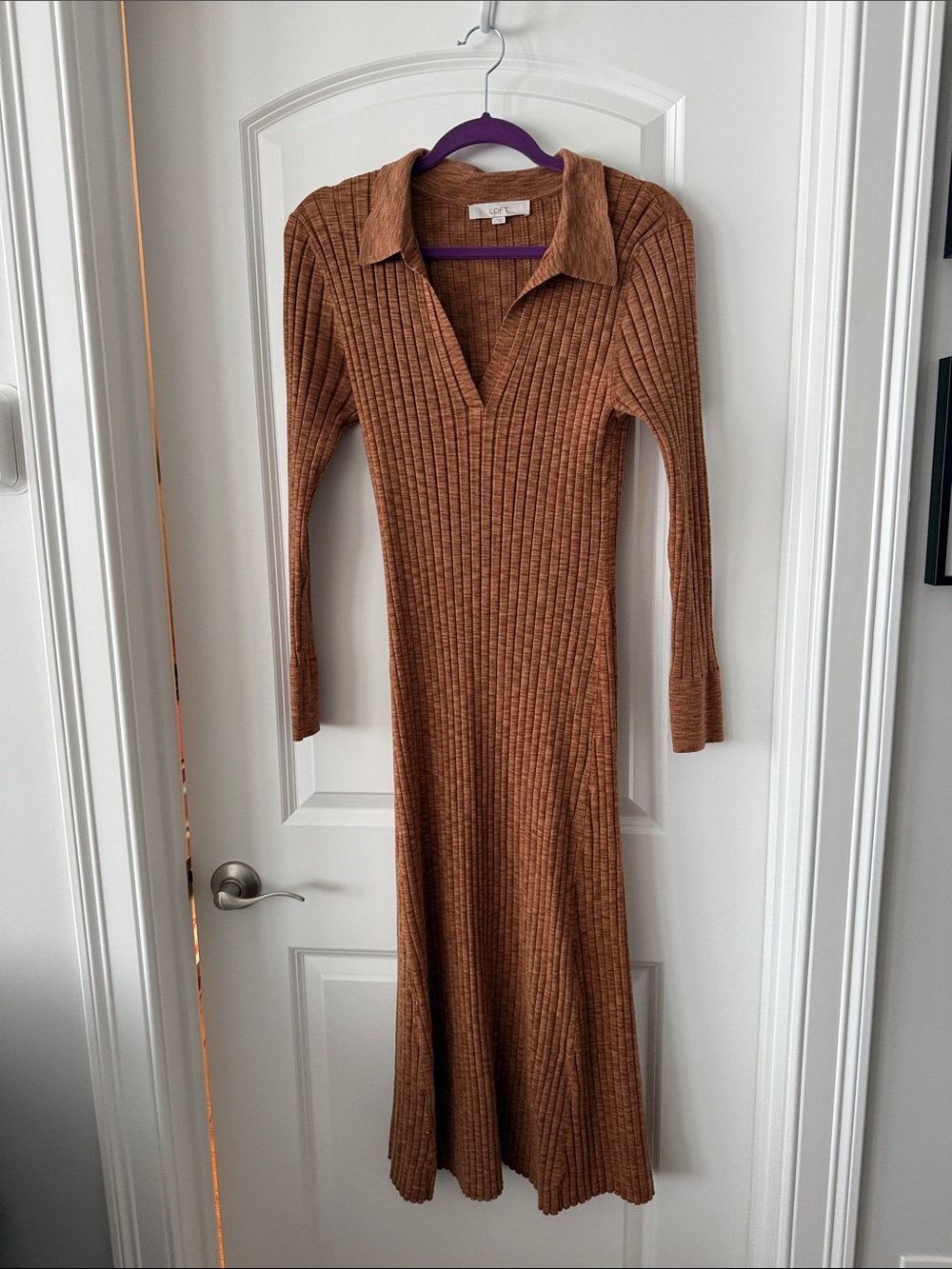 LOFT Ribbed Long-Sleeve Collared Knit Dress - Rust Brown